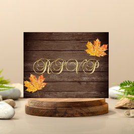 Rustic Wood Barn Gold Oranje Leaf Wedding RSVP Briefkaart