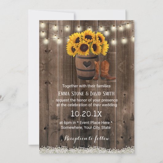 Rustic Wood Barrel Country Sunflower Wedding Kaart (Voorkant)