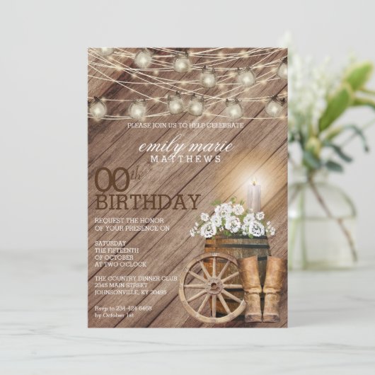 Rustic Wood Barrel en White Floral 00th Birthday Kaart (Staand voorkant)