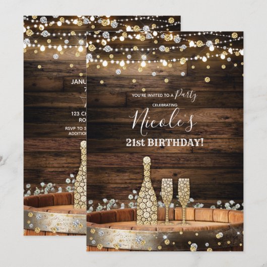 Rustic Wood Barrel Lights Champagne Birthday Party Kaart (Voorkant / Achterkant)