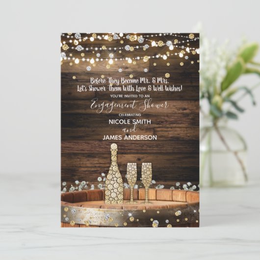 Rustic Wood Barrel & Lights Champagne Celebration Kaart (Staand voorkant)