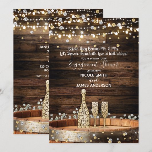 Rustic Wood Barrel & Lights Champagne Celebration Kaart (Voorkant / Achterkant)