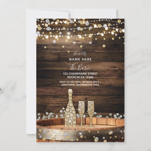 Rustic Wood Barrel Lights Champagne Kaart (Achterkant)