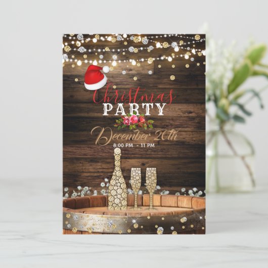Rustic Wood Barrel Lights Champagne Kerstmis Kaart (Staand voorkant)