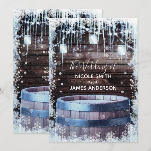 Rustic Wood Barrel & Lights Winter Barn Wedding Kaart (Voorkant / Achterkant)