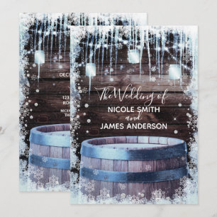 Rustic Wood Barrel & Lights Winter Barn Wedding Kaart