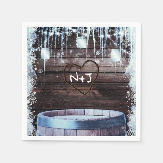 Rustic Wood Barrel & Lights Winter Barn Wedding Servet (Voorkant)