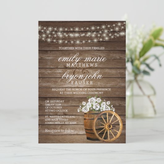 Rustic Wood Barrel Weddenschap met White Floral Kaart (Staand voorkant)