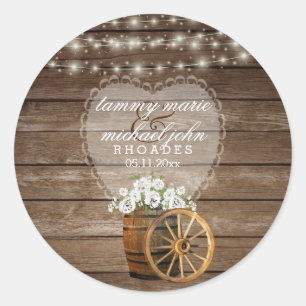 Rustic Wood Barrel Weddenschap met witte bloemen Ronde Sticker