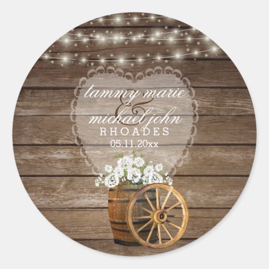 Rustic Wood Barrel Weddenschap met witte bloemen Ronde Sticker (Voorkant)