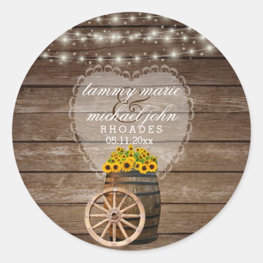 Rustic Wood Barrel Weddenschap met zonnebloemen Ronde Sticker (Voorkant)
