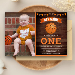 Rustic Wood Basketball First Birthday Party Photo Kaart