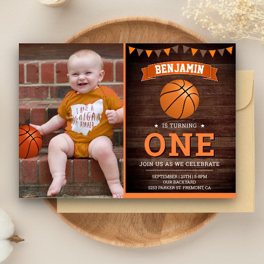 Rustic Wood Basketball First Birthday Party Photo Kaart