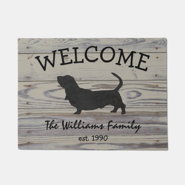Rustic Wood Basset Hound Waterverf Silhouette Deurmat (Voorkant)