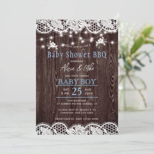 Rustic wood BBQ boy baby shower Kaart (Staand voorkant)