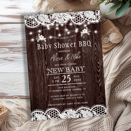 Rustic wood BBQ couples baby shower Kaart