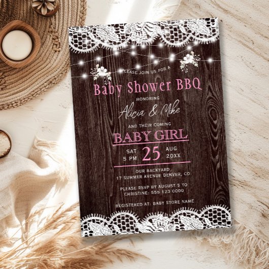 Rustic wood BBQ girl baby shower Kaart