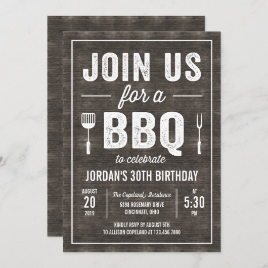 Rustic Wood BBQ Party Invitation RWC Kaart (Voorkant / Achterkant)