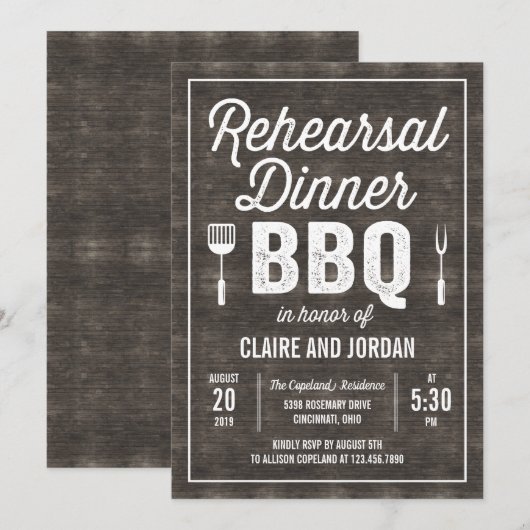 Rustic Wood BBQ Rehearsal Dinner Invitation RWC Kaart (Voorkant / Achterkant)