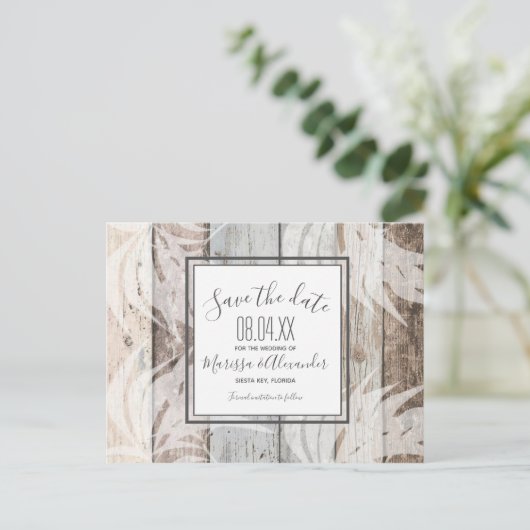 Rustic Wood Beach Palm Tree Bewaar de Data Aankondigingskaart (Staand voorkant)