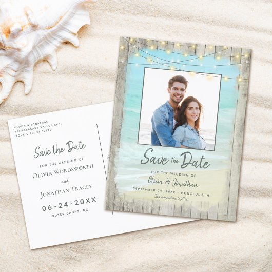 Rustic Wood Beach Save the Date Wedding Aankondigingskaart