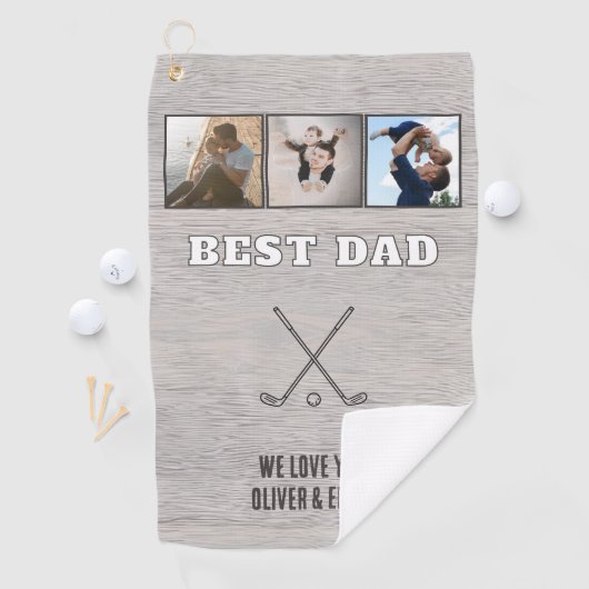 Rustic Wood Best Dad 3 Photo Collage Keepsake Golfhanddoek (Insitu)