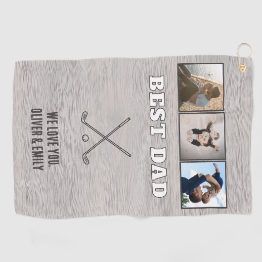 Rustic Wood Best Dad 3 Photo Collage Keepsake Golfhanddoek (Horizontaal)
