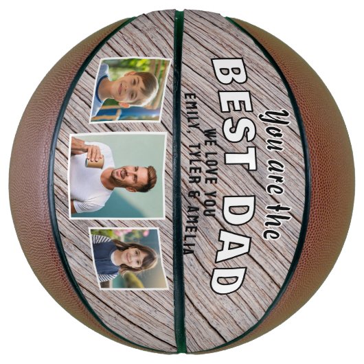 Rustic Wood Best Dad 3 Photo Collage Keepslag Basketbal (Verticaal)