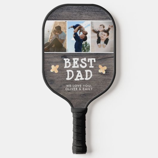 Rustic Wood Best Dad 3 Photo Collage Keepslag Pickleball Paddle (Voorkant)