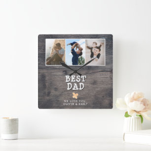 Rustic Wood Best Dad 3 Photo Collage Keepslag Vierkante Klok