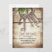 Rustic Wood Bewaar de datum met Skeleton Keys Aankondigingskaart (Voorkant / Achterkant)
