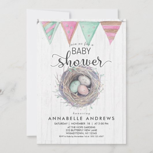 Rustic Wood & Bird Nest Baby shower Kaart (Voorkant)