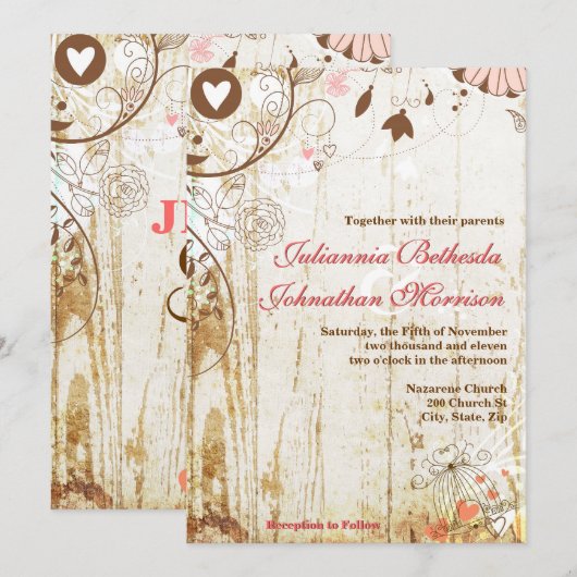 Rustic Wood Birdcage Wedding Uitnodiging (Voorkant / Achterkant)