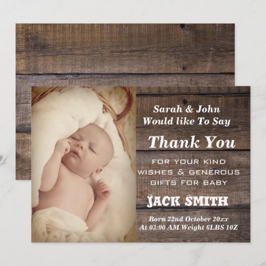 Rustic Wood Birth Aankondiging Hartelijk dank (Voorkant / Achterkant)