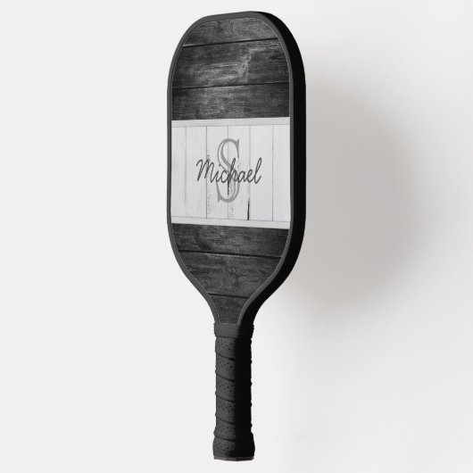 Rustic Wood Black White Monogram Pickleball Paddle (Links)