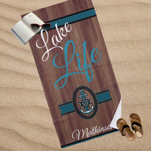 Rustic Wood Blauwgroen Blue Lake Life monogrammed Strandlaken