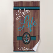 Rustic Wood Blauwgroen Blue Lake Life monogrammed Strandlaken (Voorkant)