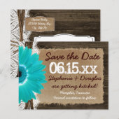 Rustic Wood Blauwgroen Daisy Save the Date Briefka Aankondigingskaart (Voorkant / Achterkant)