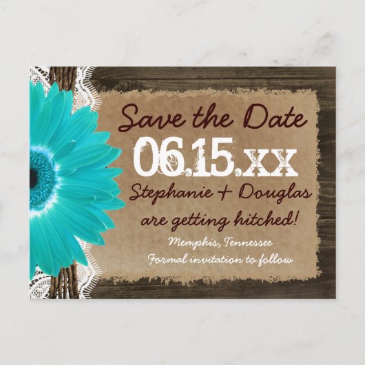 Rustic Wood Blauwgroen Daisy Save the Date Briefka Aankondigingskaart (Voorkant)