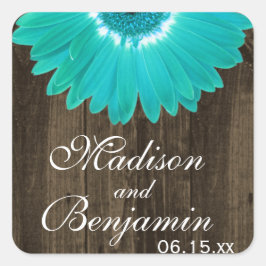 Rustic Wood Blauwgroen Daisy Wedding Favor Sticker