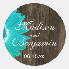 Rustic Wood Blauwgroen Daisy Wedding Favor Sticker