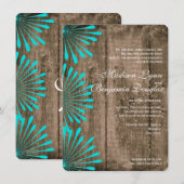 Rustic Wood Blauwgroen Flowers Wedding Invitations Kaart (Voorkant / Achterkant)