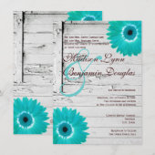 Rustic Wood Blauwgroen Gerber Daisy Wedding Invita Kaart (Voorkant / Achterkant)