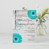 Rustic Wood Blauwgroen Gerber Daisy Wedding Invita Kaart (Staand voorkant)