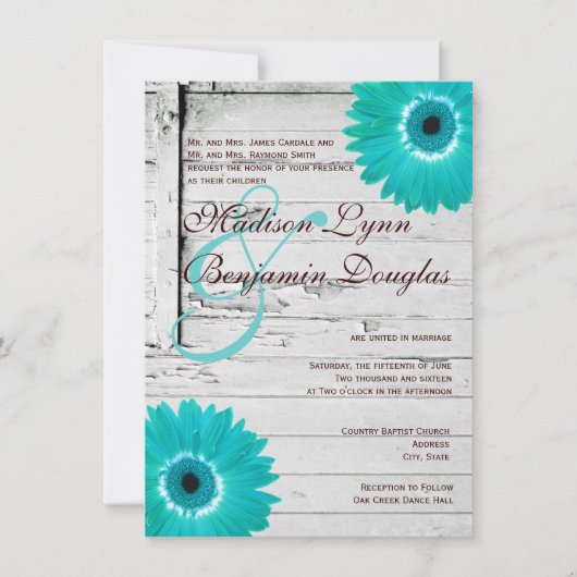 Rustic Wood Blauwgroen Gerber Daisy Wedding Invita Kaart (Voorkant)