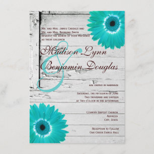 Rustic Wood Blauwgroen Gerber Daisy Wedding Invita Kaart