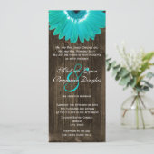Rustic Wood Blauwgroen Gerber Daisy Wedding Invita Kaart (Staand voorkant)