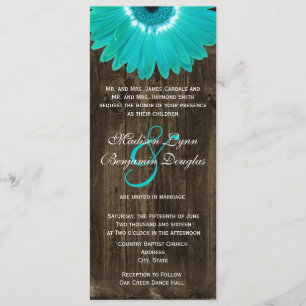 Rustic Wood Blauwgroen Gerber Daisy Wedding Invita Kaart