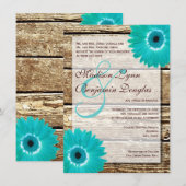 Rustic Wood Blauwgroen Gerber Daisy Wedding Invita Kaart (Voorkant / Achterkant)