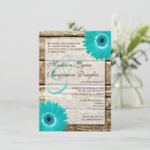Rustic Wood Blauwgroen Gerber Daisy Wedding Invita Kaart (Staand voorkant)